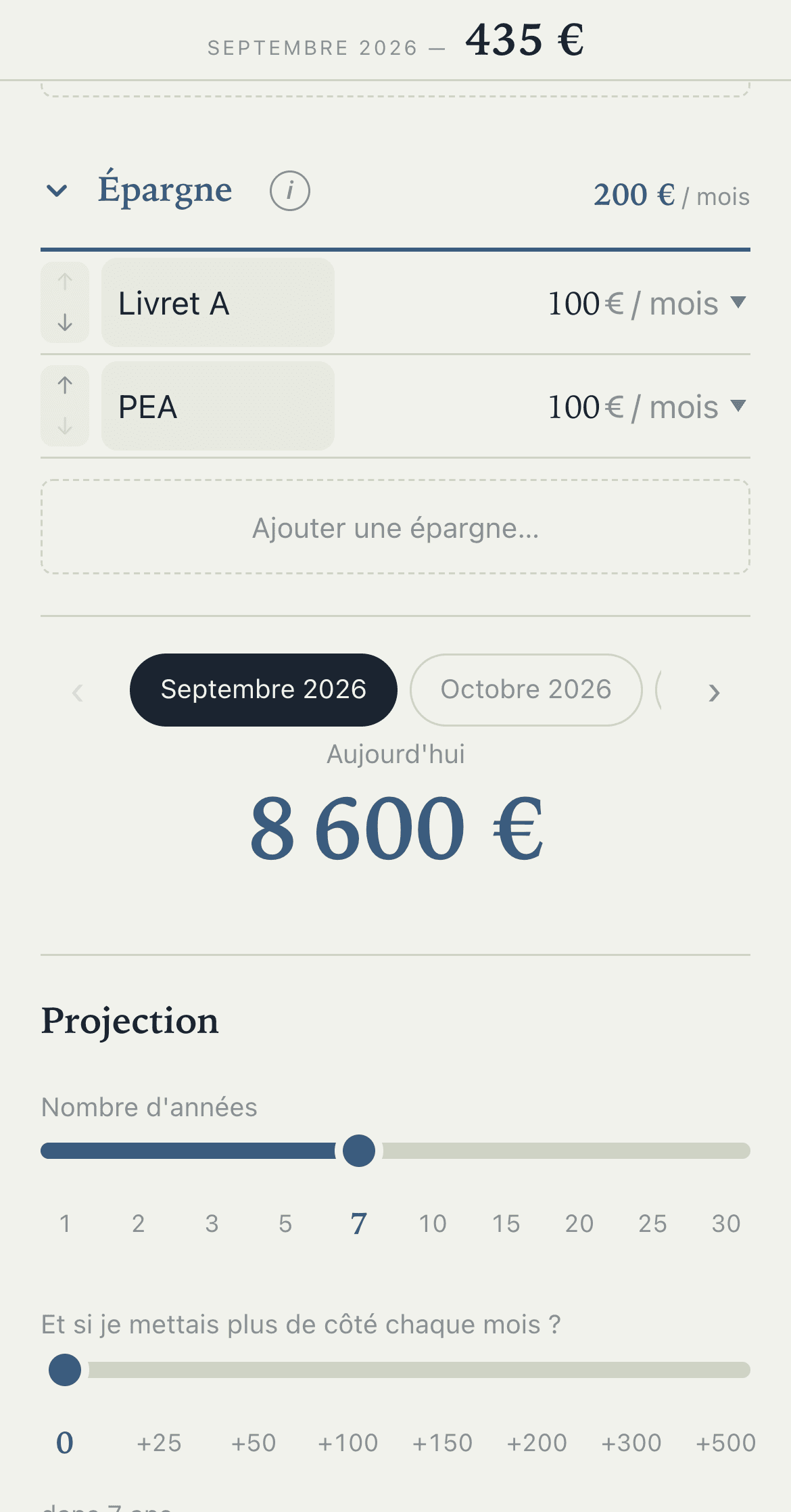 L'épargne d'aujourd'hui et sa projection à plusieurs années, avec un curseur pour épargner davantage
