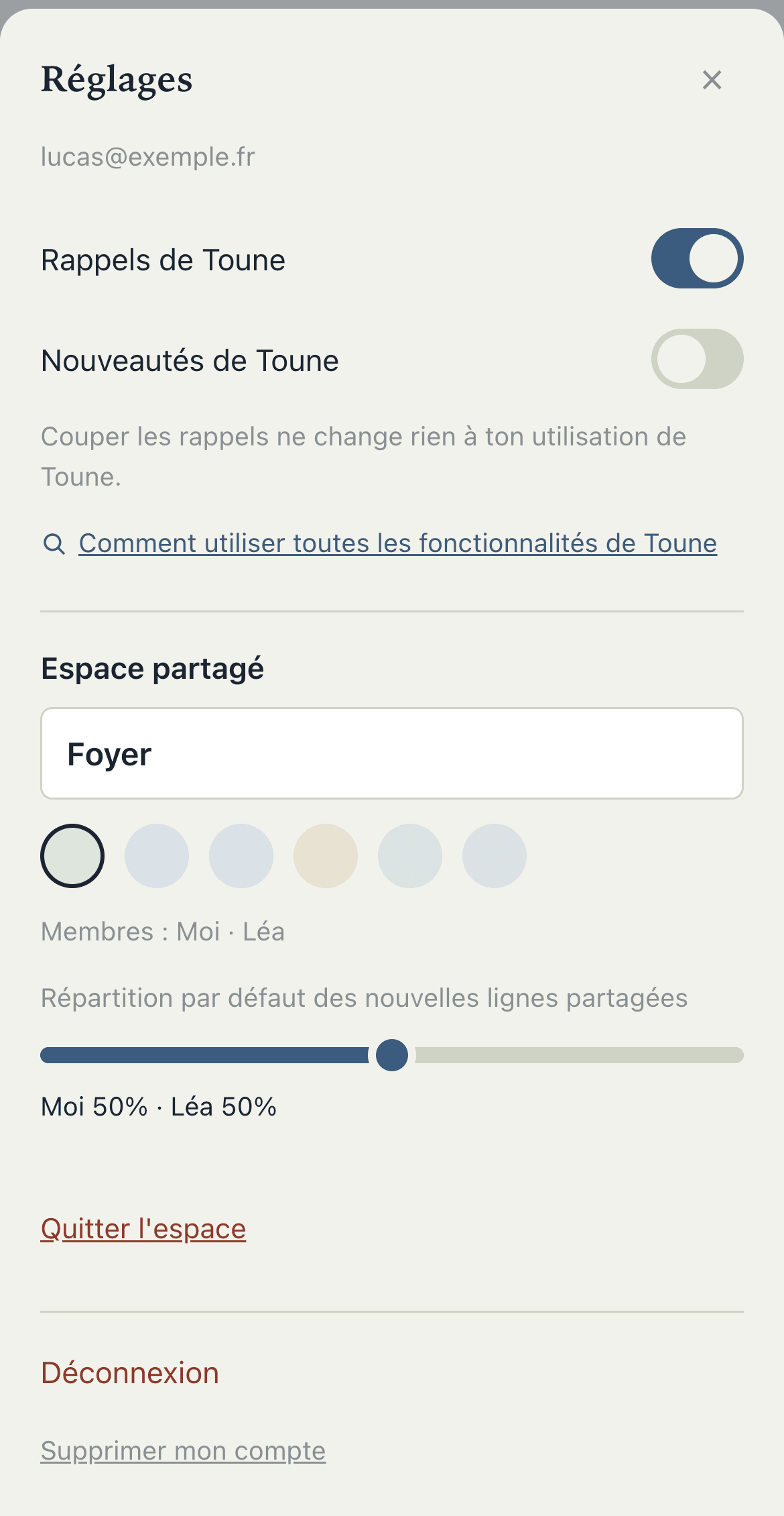 Les réglages : rappels, nouveautés, espace partagé et déconnexion