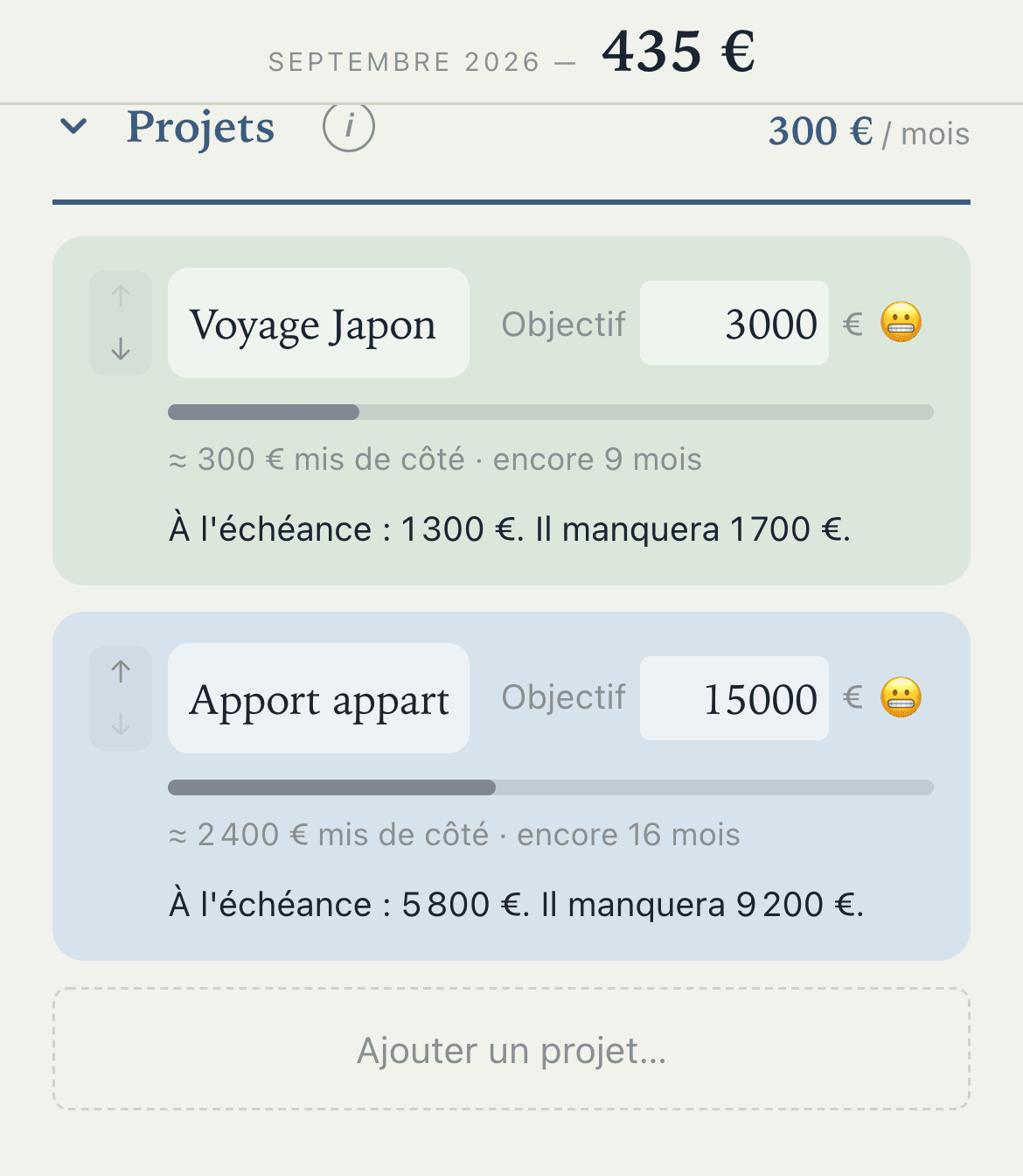 Deux projets d'épargne avec leur jauge de progression
